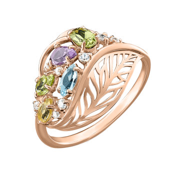 Rotgold 585° Damenring mit Zirkonia, Topas, Amethyst, Chrysolith 