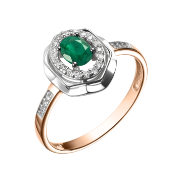 Lady´s ring in red gold of 585 assay value with diamonds and emeralds 