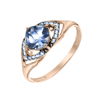Rotgold 585° Damenring mit blau Topas, Zirkonia 
