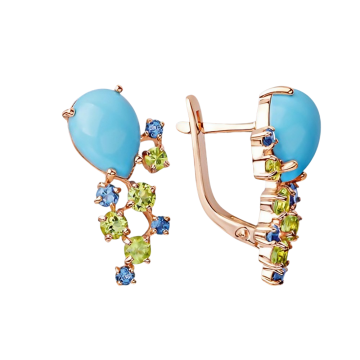 Earrings in red gold of 585 assay value with Turquoise, Peridot, and Topaz – Elegance and Style 