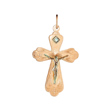 Cross from red and white gold of 585 assay value with cubic zirconia 