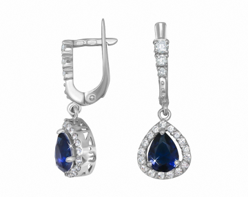 Silver earrings with synthetic sapphire quartz and colorless cubic zirkonia 