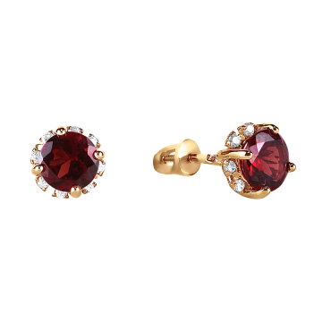 Earrings in red gold of 585 assay value with garnet, zirconia 