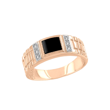 Herrenring aus Rotgold 585° mit Onyx, Zirkonia 