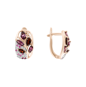 Серьги из красного золота 585 пробы с Фианит, Гранат и Родолит 