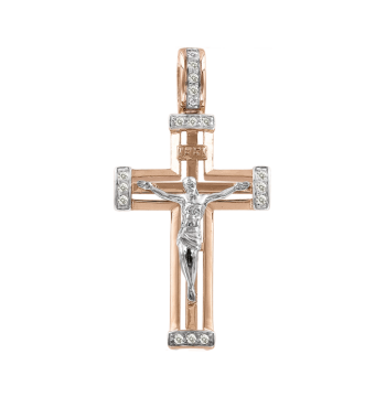 Cross from red gold of 585 assay value with cubic zirconia 