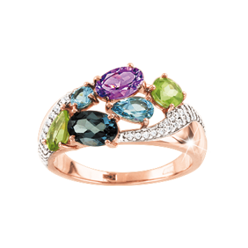 Rotgold 585° Damenring mit Zirkonia, Topas London Blau, Amethyst, Topas, Chrysolith 