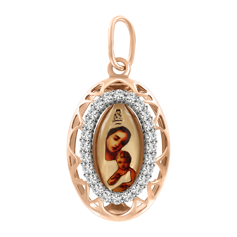 Icon pendant in red gold of 585 assay value with zirconia Russian