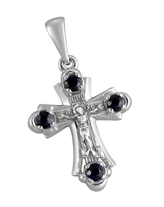 Orthodox cross pendant in silver with sapphire Russian rose gold 585, silver 925, amber