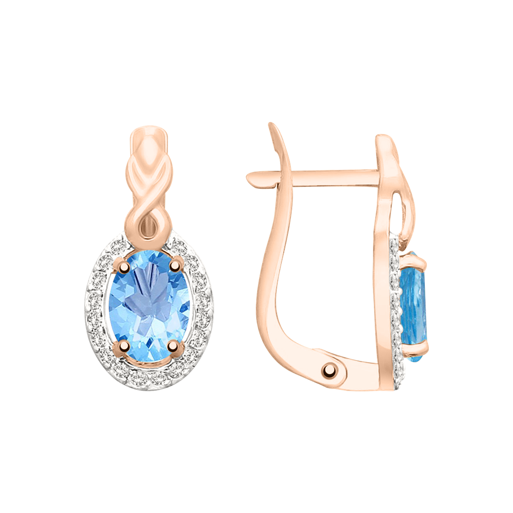 Серьги из красного золота 585 пробы с голубым топазом и фианитами ...