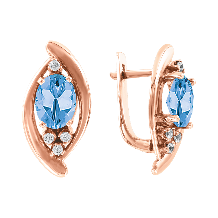 Серьги из красного золота 585 пробы с голубым топазом и фианитами ...